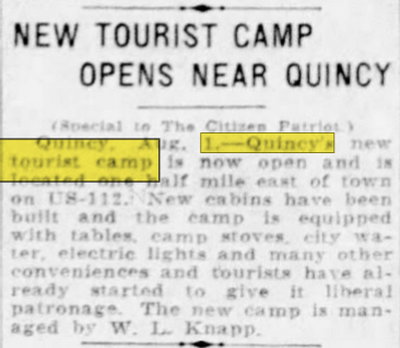 Quincy Camp (Quincy Tourist Camp) - Aug 01 1928 Article (newer photo)